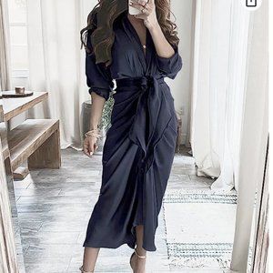 BTFBM Women 2023 Long Sleeve Lapel V Neck Button Down Satin Dress Belted Elegant